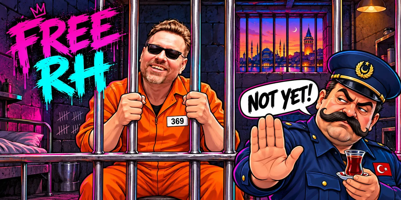 FREE RH banner: RH behind bars, guard saying NOT YET